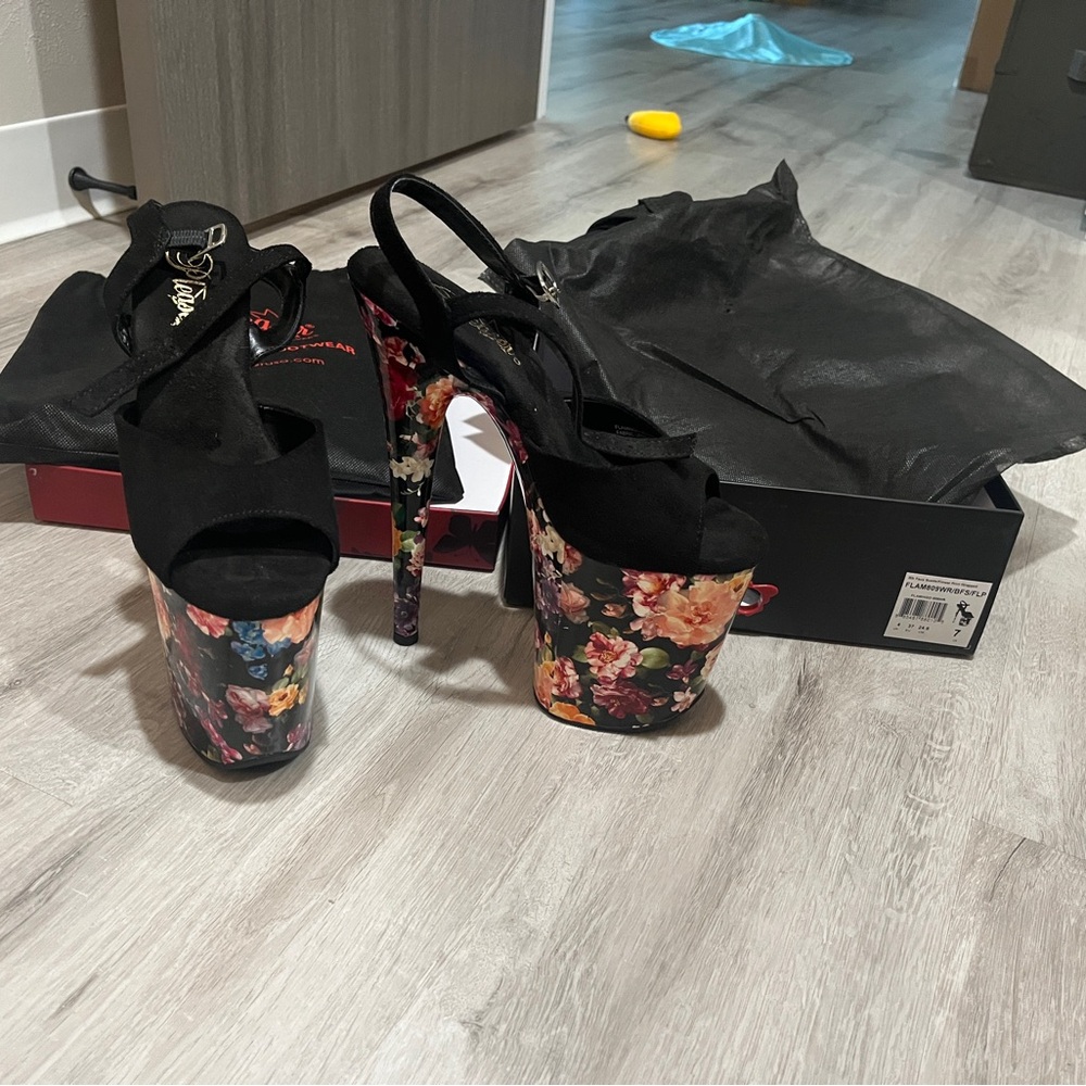 Pleaser Black and Floral Platform Heels